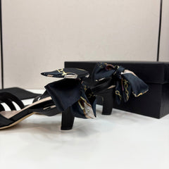 CC HEEL SANDAL 25S IN BLACK LAMBSKIN WITH SILK BOW