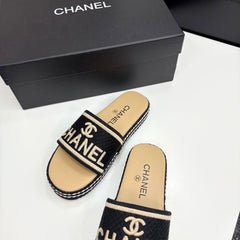 CC SLIDE SANDALS 25S IN BEIGE CALFSKIN MIX BLACK FABRIC