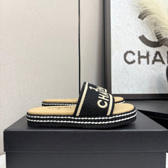 CC SLIDE SANDALS 25S IN BEIGE CALFSKIN MIX BLACK FABRIC