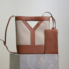 YSL 25S Y SMALL BUCKET 29 IN DESERT DUST AND BRICK CANVAS GOLD HARDWRE