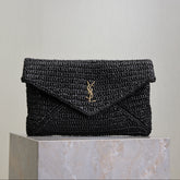 YSL 25S CASSANDRE LARGE ENVELOPE POUCH 29 IN BLACK RAFFIA GOLD HARDWARE