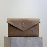 YSL 25S CASSANDRE LARGE ENVELOPE POUCH 29 IN DARK TAUPE CALFSKIN GOLD HARDWARE
