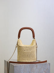 YSL 25S GABY BUCKET BAG 19 IN RAFFIA AND CALFSKIN GOLD HARDWARE