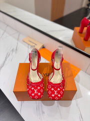 HIGH SANDALS 8 CM IN CHERRY RED MONOGRAM DENIM