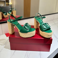 VLTN ESPADRILLE WEDGE SANDALS 25S 115 MM IN DARK GREEN LAMBSKIN