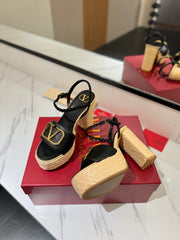 VLTN ESPADRILLE WEDGE SANDALS 25S 115 MM IN BLACK LAMBSKIN WITH GOLD HARDWARE