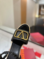 VLTN ESPADRILLE WEDGE SANDALS 25S 115 MM IN BLACK LAMBSKIN WITH GOLD HARDWARE