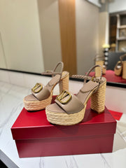 VLTN ESPADRILLE WEDGE SANDALS 25S 115 MM IN BEIGE BROWN LAMBSKIN WITH GOLD HARDWARE