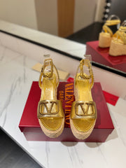 VLTN ESPADRILLE WEDGE SANDALS 25S 90 MM IN GOLD LAMBSKIN STYLE 1