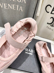 PRADA 25S COLLAPSE RE NYLON AND SUEDE BALLERINAS IN BABY PINK