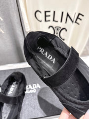 PRADA 25S COLLAPSE RE NYLON AND SUEDE BALLERINAS IN BLACK