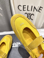 PRADA 25S COLLAPSE RE NYLON AND SUEDE BALLERINAS IN LEMON YELLOW