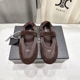 PRADA 25S COLLAPSE RE NYLON AND SUEDE BALLERINAS IN COFFEE