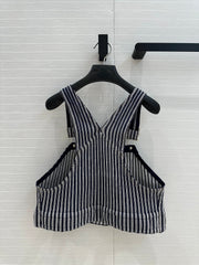 CC 25 Short Suspender Vest Dark Blue mix White Cotton
