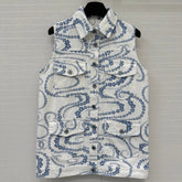 CC 25 Printed Denim Vest Jacket Blue White Cotton