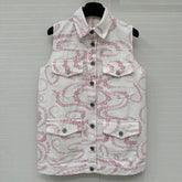 CC 25 Printed Denim Vest Jacket Pink White Cotton