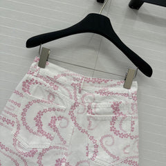 CC 25 Printed Denim Short Pink White Cotton