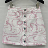 CC 25 Printed Denim Single-breasted Short Skirt Pink White Cotton