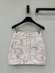 CC 25 Printed Denim Single-breasted Short Skirt Pink White Cotton