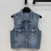 CC 25 Embroidered Vest Jacket Blue Denim Cotton