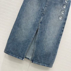 CC 25 Embroidered Midi Skirt Blue Denim Cotton