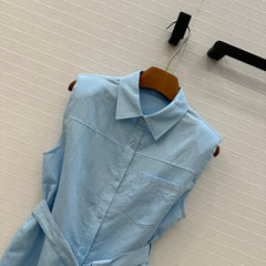 Loewe 25 Lace-up Waist Sleeveless Shirt Blue Linen