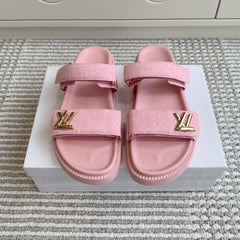 LV TWO-STRAP SANDALS 25S IN LIGHT PINK DENIM AND CALFSKIN WITH GOLD HARDWARE
