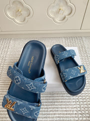 LV TWO-STRAP SANDALS 25S IN BLUE DENIM AND CALFSKIN WITH GOLD HARDWARE