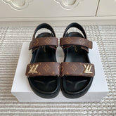 LV SANDALS 25S IN BROWN MIX BLACK CALFSKIN WITH GOLD HARDWARE