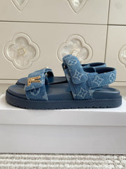 LV SANDALS 25S IN BLUE DENIM AND CALFSKIN WITH GOLD HARDWARE