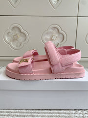 LV SANDALS 25S IN LIGHT PINK DENIM AND CALFSKIN WITH GOLD HARDWARE