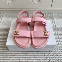 LV SANDALS 25S IN LIGHT PINK DENIM AND CALFSKIN WITH GOLD HARDWARE