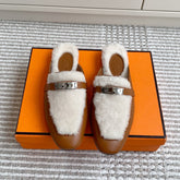HM 25S CATENA MULE IN BEIGE SHEARLING AND BROWN LAMBSKIN WITH SILVER HARDWARE