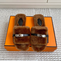 HM 25S GIULIA SANDAL IN BROWN SHEARLING WITH SILVER HARDWARE
