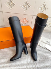 HM 25S TALL BOOTS 90 MM IN BLACK LAMBSKIN WITH SILVER HARDWARE