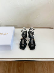 MEDIUM SQUARE HEEL SANDAL IN BLACK LAMBSKIN