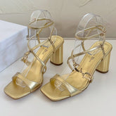 MEDIUM SQUARE HEEL SANDAL IN GOLD LAMBSKIN