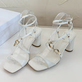 MEDIUM SQUARE HEEL SANDAL IN WHITE LAMBSKIN