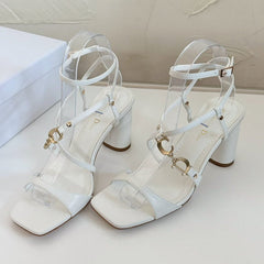 MEDIUM SQUARE HEEL SANDAL IN WHITE LAMBSKIN
