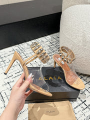 ALAIA HIGH SANDAL IN BEIGE CALFSKN AND FILM WITH CRYSTAL