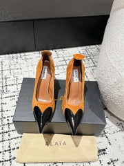 ALAIA HIGH PUMPS 10CM IN COPPER BROWN SUEDE MIX BLACK CALFSKIN