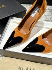 ALAIA HIGH PUMPS 10CM IN COPPER BROWN SUEDE MIX BLACK CALFSKIN