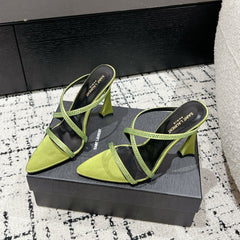 HIGH CRYSTAL STRAP SANDALS IN PEAR GREEN SILK