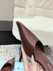 PRADA 25S POINTED-TOE MULES IN DARK BROWN SATIN