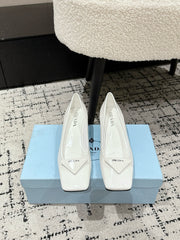 PRADA 25S SQUARE TOE HIGH HEELS IN WHITE PATENT CALFSKIN