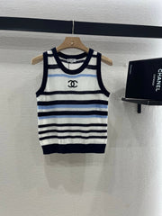 CHANEL STRIPED SLEEVELESS KNIT TOP 263401