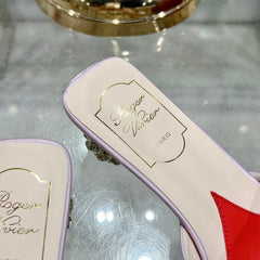 CRYSTAL HEEL MULE IN LIGHT PURPLE SILK