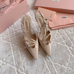 Slingback Ivory Color Leather With Stylized Cross Straps - High heels
