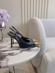 HIGH HEEL 10 CM SLINGBACK IN BLACK CALFSKIN WITH GOLD HARDWARE
