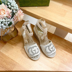 PLATFORM WITH RHINESTONE LOGO IN CREAM BEIGE CANVAS AND STRAW LINING